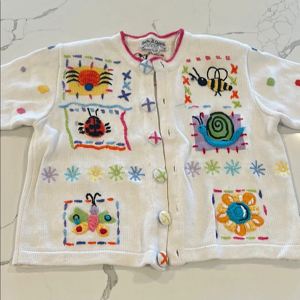 Vintage White Short Sleeve Cardigan Sweater Colorful Insects 🐞 🐌 🦋 🐝 🕷️ 🌻 - Picture 2 of 16